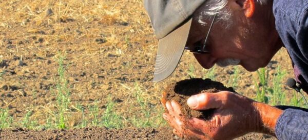 Regenerative Agriculture: man in a ball ca bending to sniff handful of soil